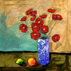 POPPIES IN A VASE WITH FRUIT